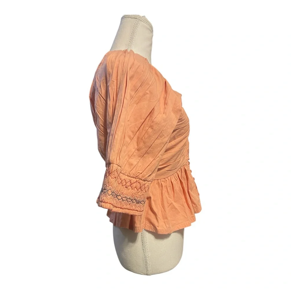 Free People Where We Meet Smocked Embroidered Cotton Cropped Blouse Sz‎ S boho